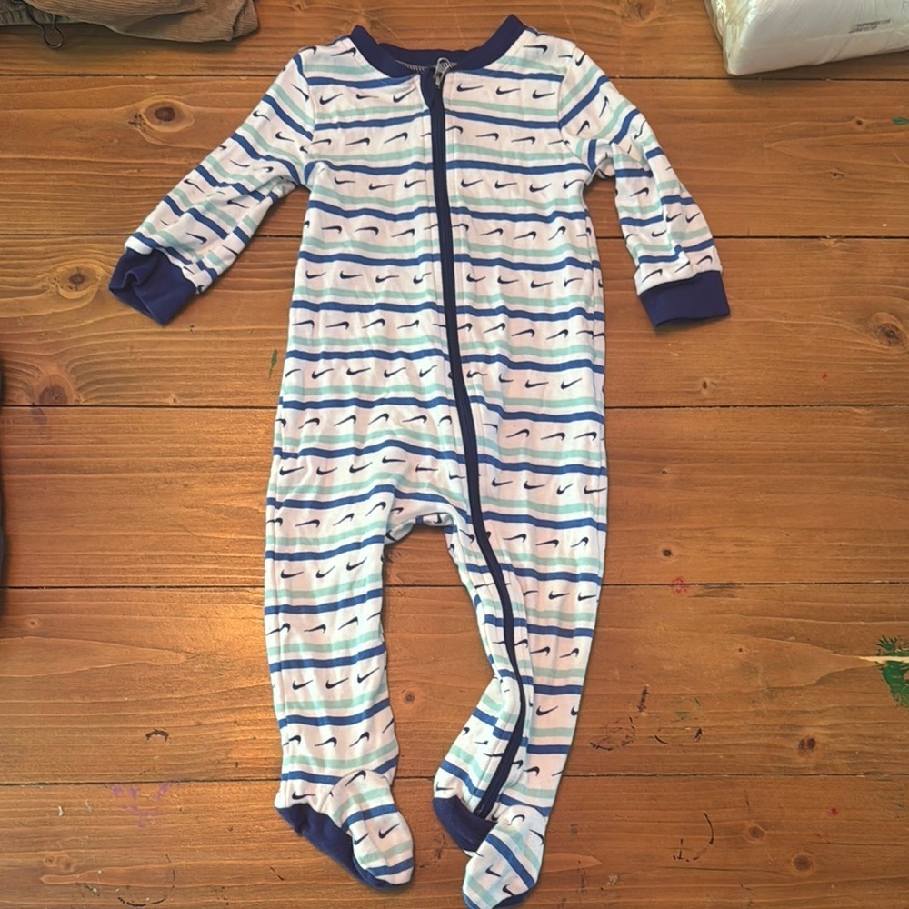 Nike Blue and White Footies One Piece with Full-Length Zipper 9m
